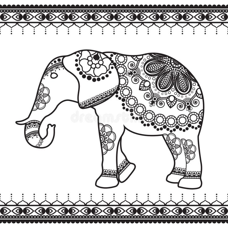 Elephant with Border Elements in Ethnic Mehndi Indian Style. Vector ...