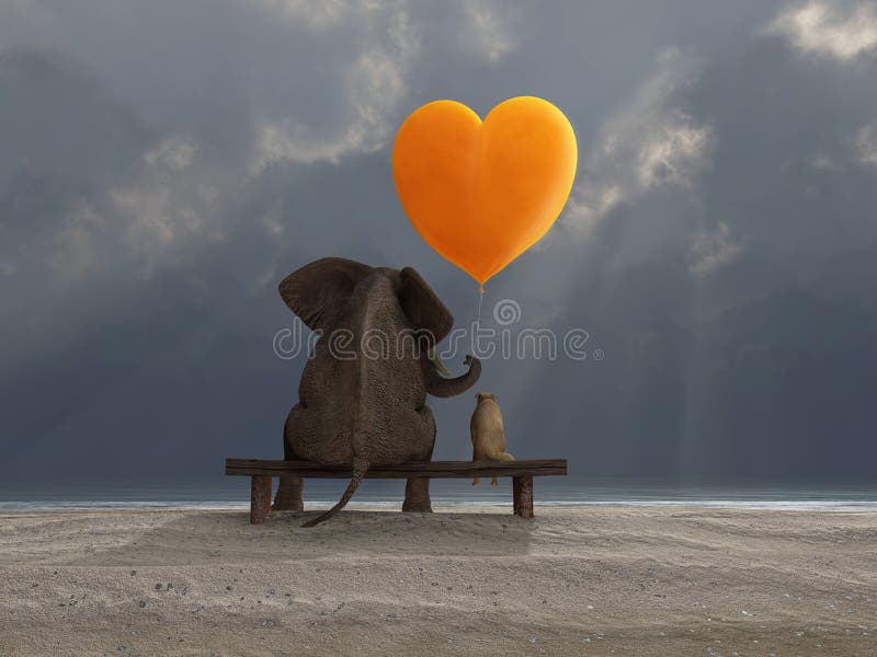 Slon a pes drží v tvare srdca žltý balón.