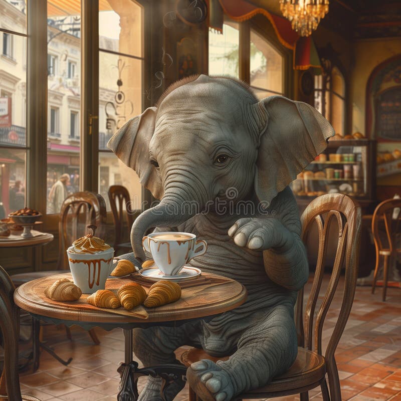 An elephant drinks tea with croissants at a table in a cozy cafe. Traditional big metal pot stock images, royalty-free photos and pictures