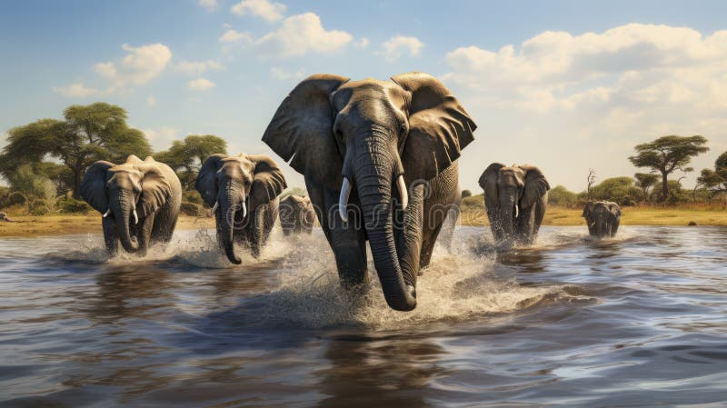 An elephant herd in the wild, featuring united herds walking together and playing in the water. Generative AI.