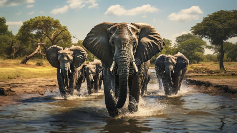 An elephant herd in the wild, featuring united herds walking together and playing in the water. Generative AI.