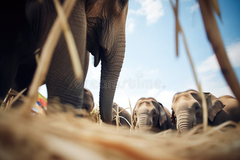 elephant herds interaction captured from ground level, created with generative ai AI generated