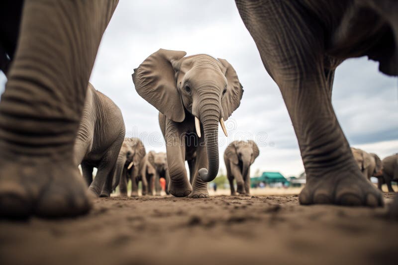 elephant herds interaction captured from ground level, created with generative ai AI generated