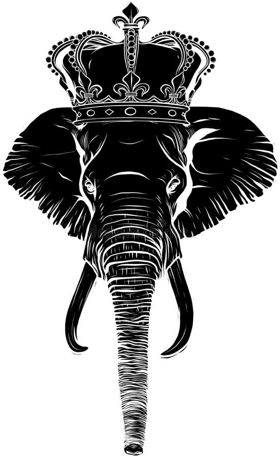Black Silhouette of Head Elephant with Crown Vector Illustration Stock