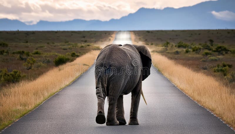 Elefant på en Ödslig Väg, Majestätisk Grå Jätte Navigerar en Tom Väg med Duskens Varma Nyanser i en Lugn Afrikansk Savann royaltyfri illustrationer
