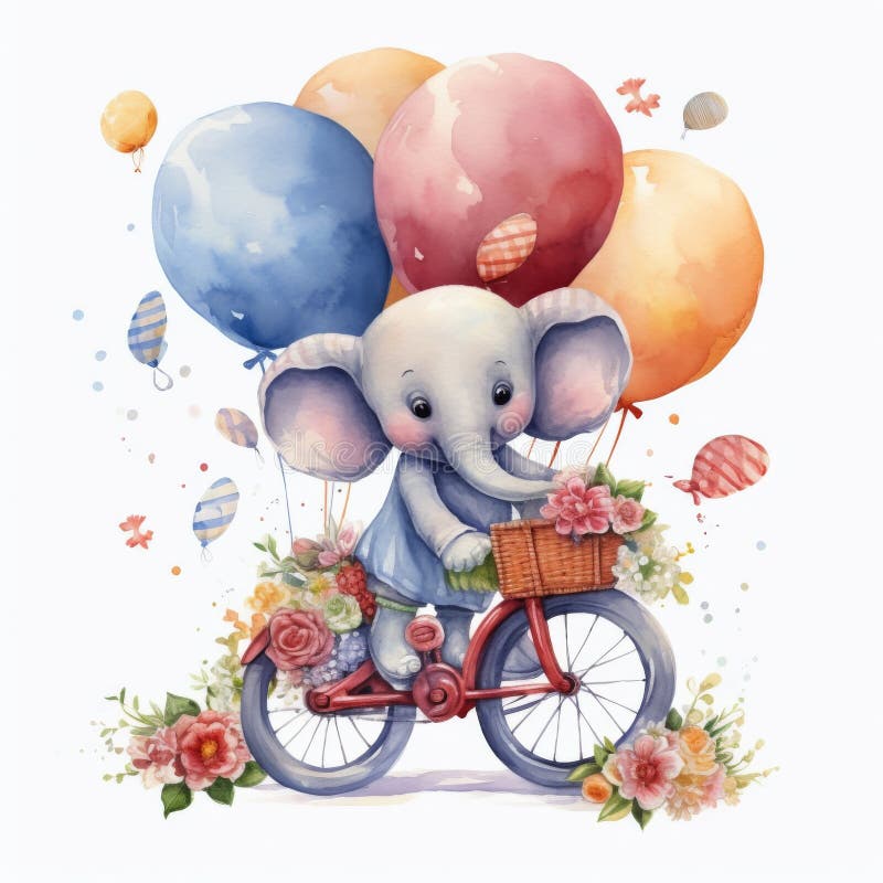 A painting of an elephant balancing on a bike, holding balloons, against a colorful backdrop. AI Generative AI generated. A painting of an elephant balancing on a bike, holding balloons, against a colorful backdrop. AI Generative AI generated