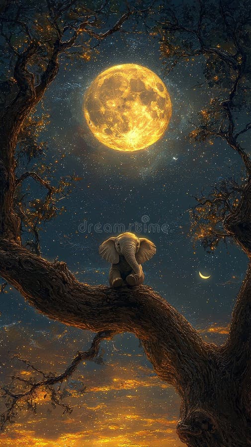 Elephant Sitting on Tree Under Moonlit Sky, Dreamy Scene royalty free stock images