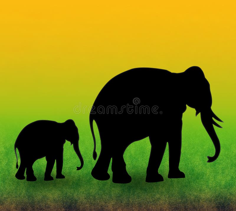 Elephant mom and baby walking. Grass night sky background illustrations