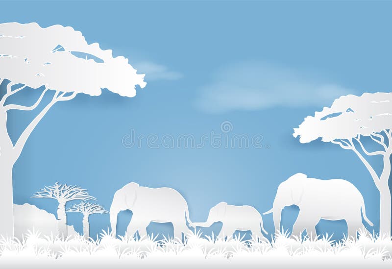 Elephants family in meadow, Paper art style nature landscape background paper cut illustration