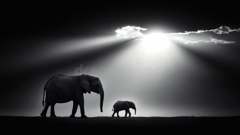 Elephants stride through darkness, illuminated by a bright light breaking through the clouds. royalty free stock photo