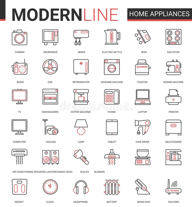 Home appliances flat line icon vector illustration set. Red black thin linear symbols for house cleaning, kitchen or bathroom household items, hair body care and electronic gadgets outline collection. Home appliances flat line icon vector illustration set. Red black thin linear symbols for house cleaning, kitchen or bathroom household items, hair body care and electronic gadgets outline collection