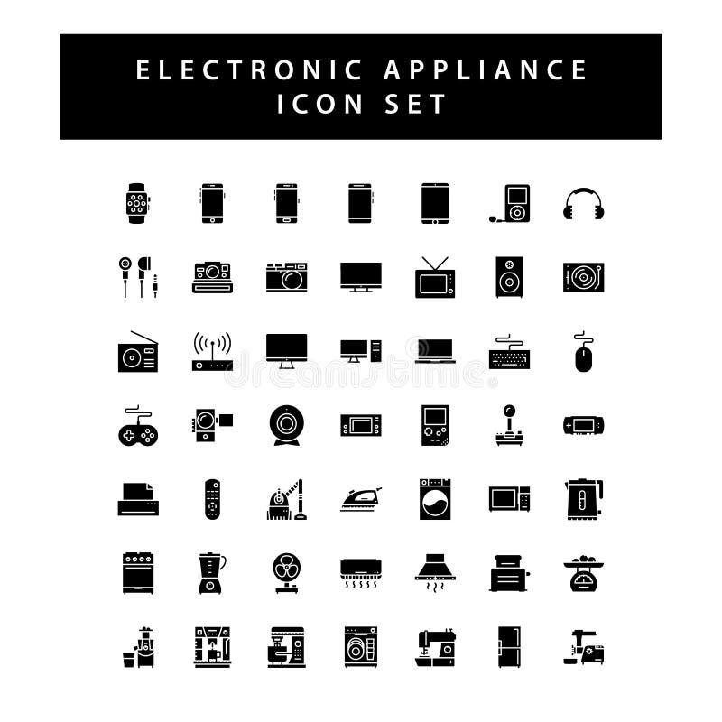 Home appliances electronic icon set with black color glyph style design. Home appliances electronic icon set with black color glyph style design.