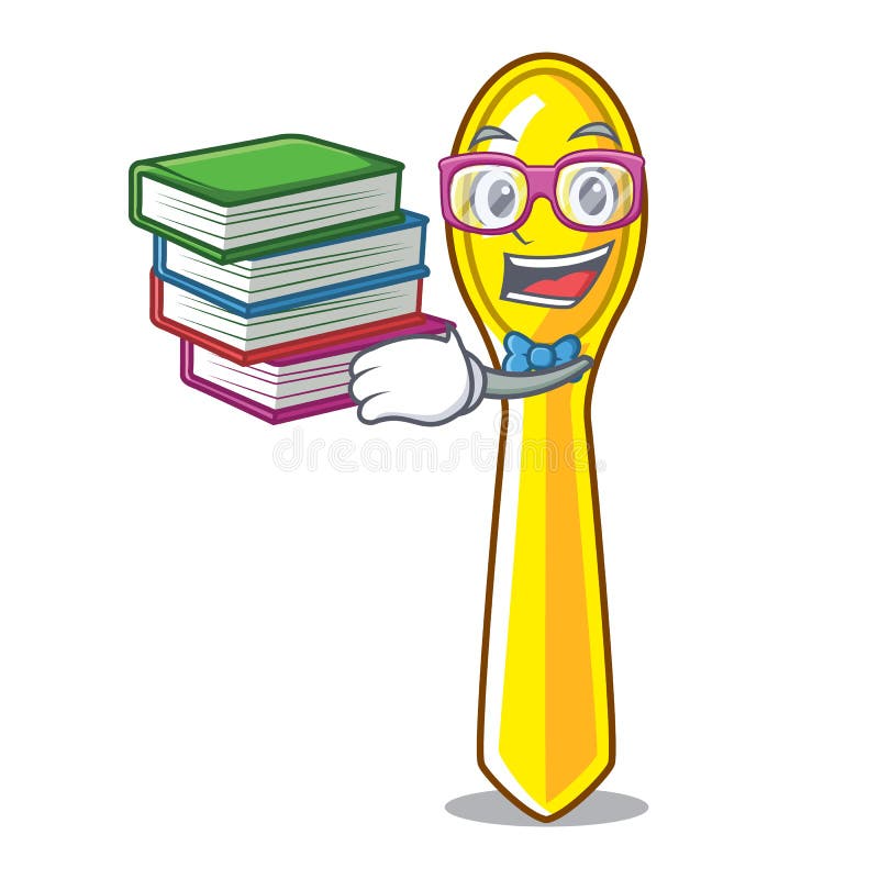 Elev cu lingură din plastic pentru cărți, izolată pe mascotă stock illustration