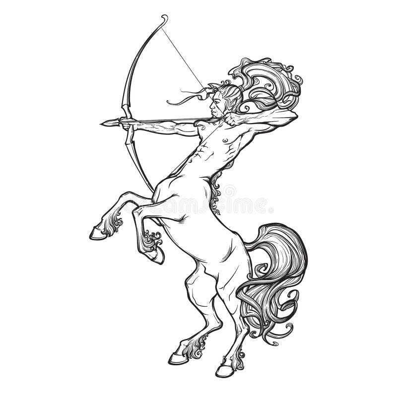 Rearing Centaur holding bow and arrow. Boho style look. Vintage style illystration. Vintage tattoo design. EPS10 vector illustration. Rearing Centaur holding bow and arrow. Boho style look. Vintage style illystration. Vintage tattoo design. EPS10 vector illustration