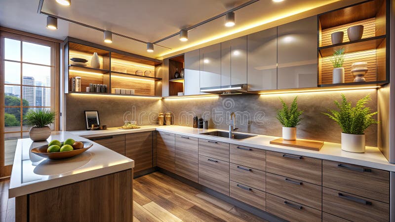 Stylish UnderCabinet Lighting for a Modern Kitchen Illuminating Countertops and Creating a Warm Ambiance for Cooking royalty free illustration