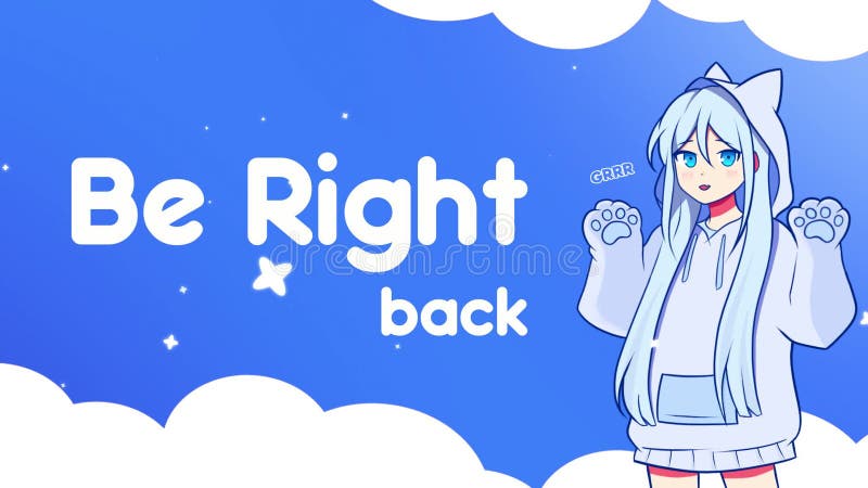 Cute brb stream overlay. Blue animation anime loop stock illustration