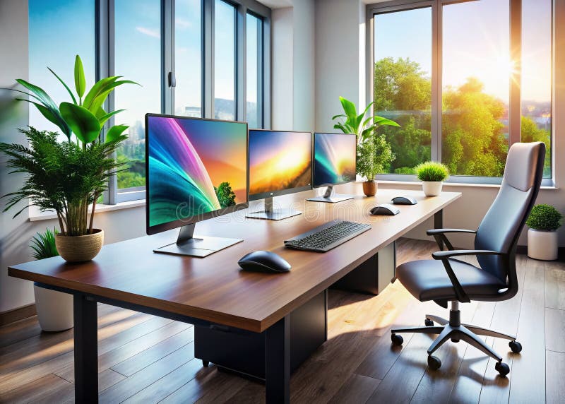 Elevate Your Productivity A Modern Workspace with Triple Curved Monitors Wireless Charging and Streamlined Organization vector illustration