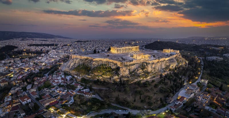 Elevated, Panoramic View of the Illuminated Acropolis of Athens Stock ...