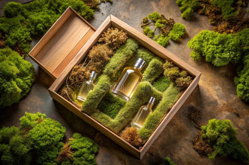 Elevated Spirits Packaging Design A DronesEye View of a Premium Beverage Box Nestled Amongst Natural Elements Featuring stock illustration