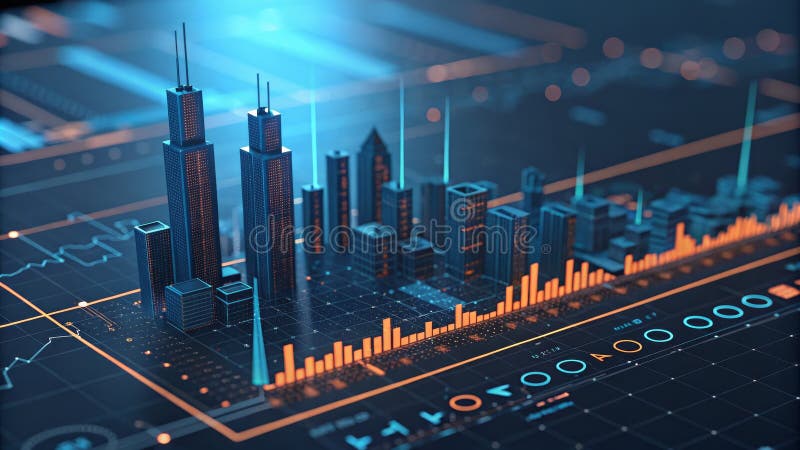 Elevated View Digital Cityscape, Neon Grid, Data Visualization vector illustration