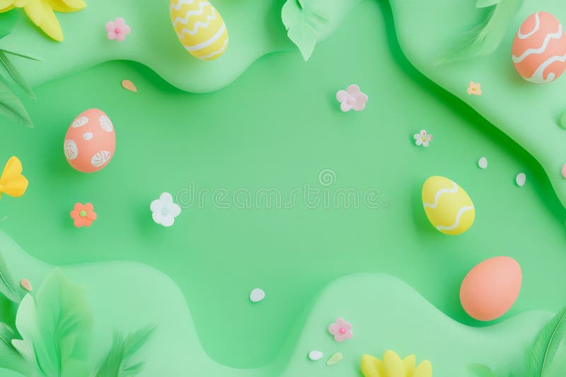 An elevated view of Easter decorations, with glowing confetti and a row of multicolored Easter eggs on a teal background royalty free stock photo