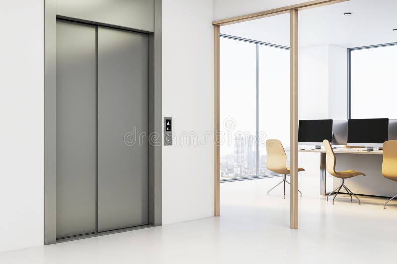 Elevator doors in modern office interior with blank wall and glass partition overlooking cityscape through windows in bright vector illustration