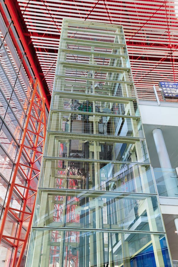 Elevator frame covered with glass panels, Beijing Capital International Airport