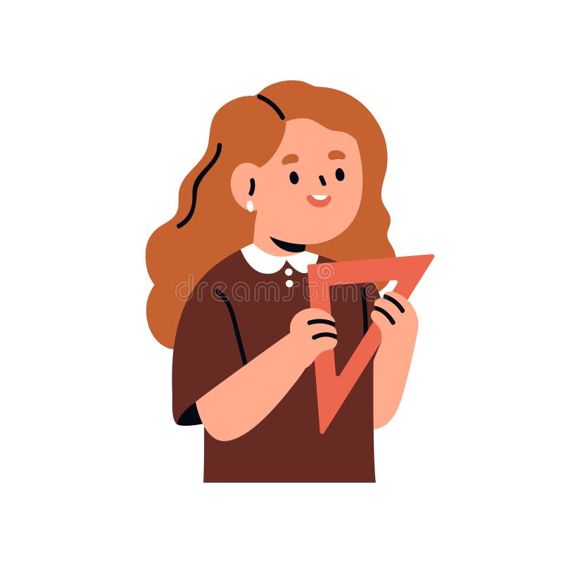 Elevul care deține rigla triunghiului studiază geometria și matematica în școală. drăguț și curios copil care învață bine stock illustration