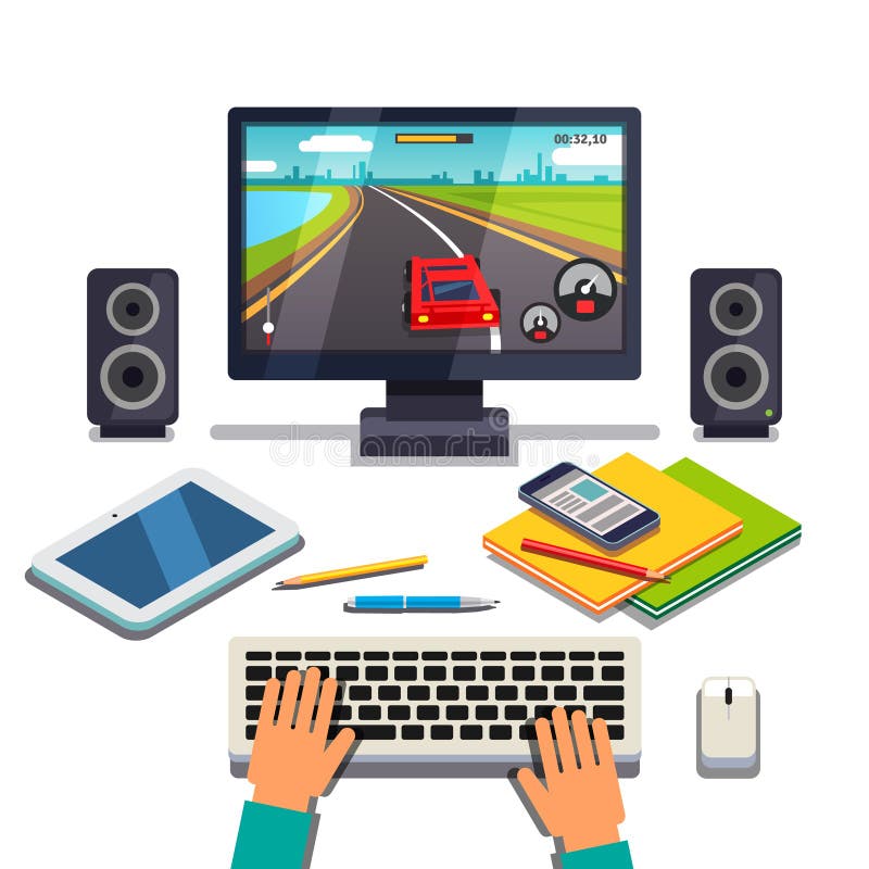 Elevul se joacă pe un computer desktop vector illustration