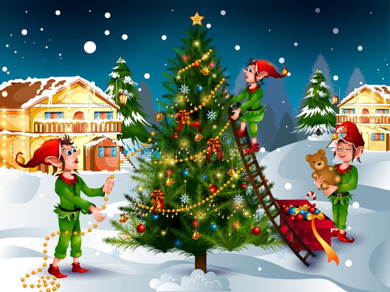 Elf with gift in winter background for Merry Christmas holiday celebration