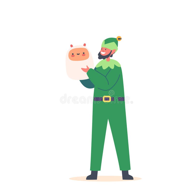 Elf Holding Kids Toy, Cute-lekfull jul. Santa Claus Helper in Green Costume and Beard Good New Year Merry Xmas vektor illustrationer