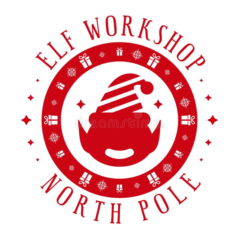 Elf Workshop. Xmas Stamp Design with Cute Elf Stock Vector