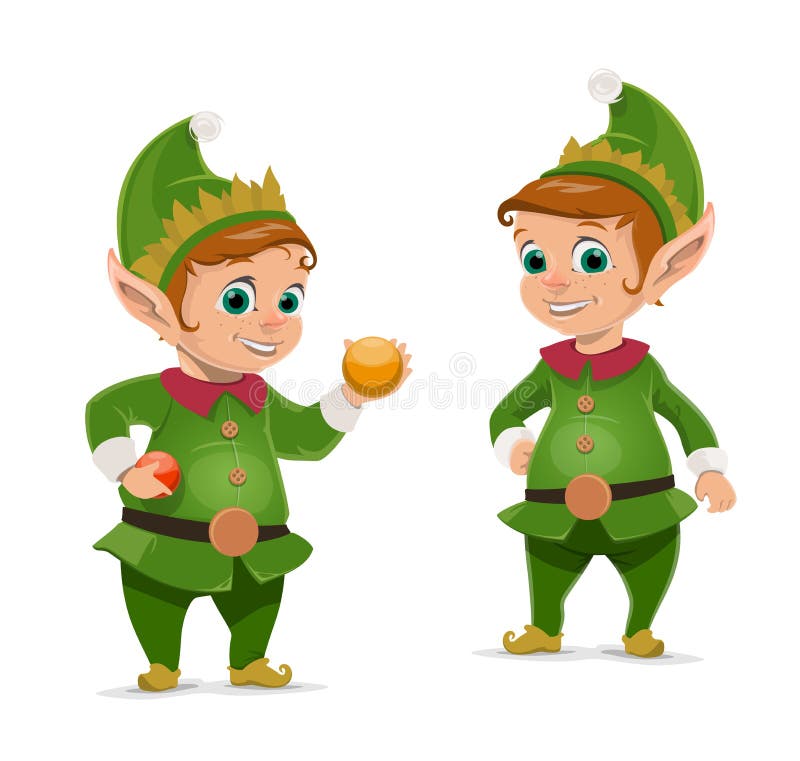 Christmas elves cartoon characters of Santa Claus helpers. Vector dwarfs or little peoples in green suits and hats with Xmas tree balls and baubles. Gift workshop workers, winter holidays design. Christmas elves cartoon characters of Santa Claus helpers. Vector dwarfs or little peoples in green suits and hats with Xmas tree balls and baubles. Gift workshop workers, winter holidays design