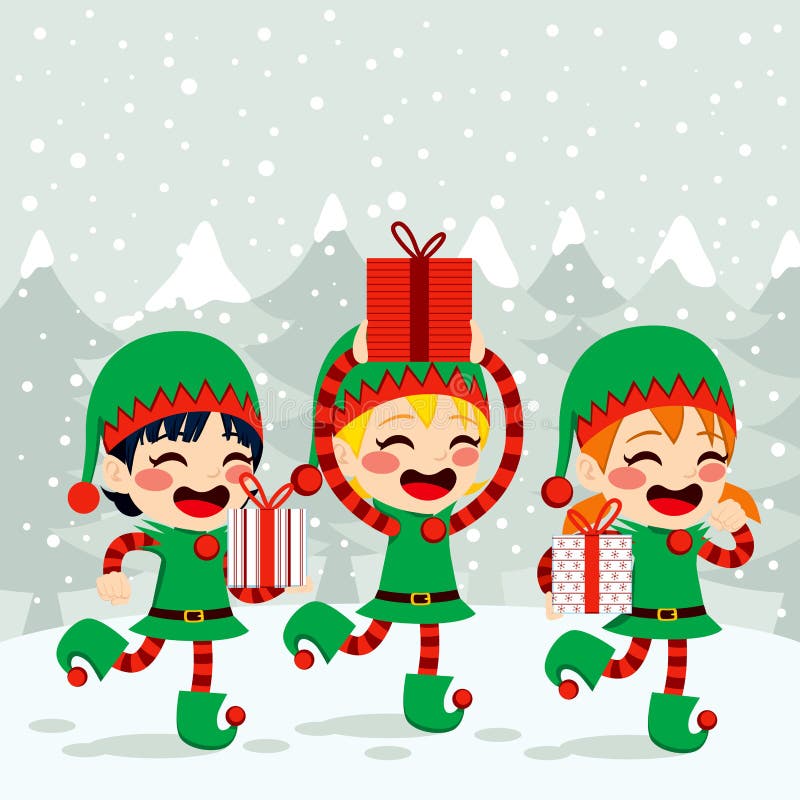 Christmas Santa helpers elves carrying presents on snow background. Christmas Santa helpers elves carrying presents on snow background