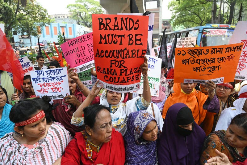 Activists of Industry All Bangladesh Council stage a protest rally to demanding safe workplace for garments workers to mark the 11th anniversary of the of the Rana Plaza building collapse disaster in front of National Press Club in Dhaka, Bangladesh. On April 24, 2024. Activists of Industry All Bangladesh Council stage a protest rally to demanding safe workplace for garments workers to mark the 11th anniversary of the of the Rana Plaza building collapse disaster in front of National Press Club in Dhaka, Bangladesh. On April 24, 2024