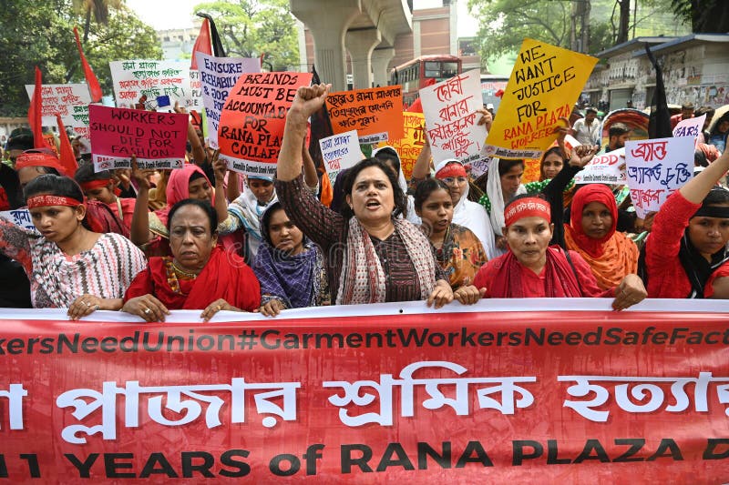 Activists of Industry All Bangladesh Council stage a protest rally to demanding safe workplace for garments workers to mark the 11th anniversary of the of the Rana Plaza building collapse disaster in front of National Press Club in Dhaka, Bangladesh. On April 24, 2024. Activists of Industry All Bangladesh Council stage a protest rally to demanding safe workplace for garments workers to mark the 11th anniversary of the of the Rana Plaza building collapse disaster in front of National Press Club in Dhaka, Bangladesh. On April 24, 2024