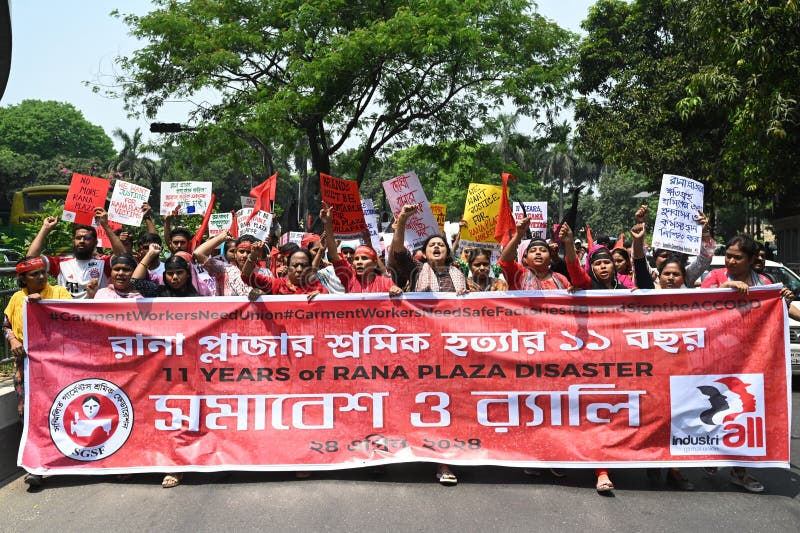 Activists of Industry All Bangladesh Council stage a protest rally to demanding safe workplace for garments workers to mark the 11th anniversary of the of the Rana Plaza building collapse disaster in front of National Press Club in Dhaka, Bangladesh. On April 24, 2024. .Activists of Industry All Bangladesh Council stage a protest rally to demanding safe workplace for garments workers to mark the 11th anniversary of the of the Rana Plaza building collapse disaster in front of National Press Club in Dhaka, Bangladesh. On April 24, 2024