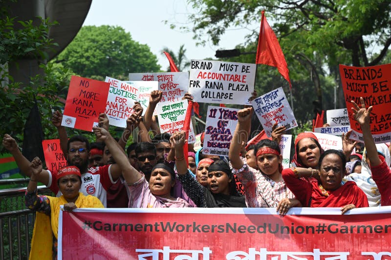 Activists of Industry All Bangladesh Council stage a protest rally to demanding safe workplace for garments workers to mark the 11th anniversary of the of the Rana Plaza building collapse disaster in front of National Press Club in Dhaka, Bangladesh. On April 24, 2024. .Activists of Industry All Bangladesh Council stage a protest rally to demanding safe workplace for garments workers to mark the 11th anniversary of the of the Rana Plaza building collapse disaster in front of National Press Club in Dhaka, Bangladesh. On April 24, 2024