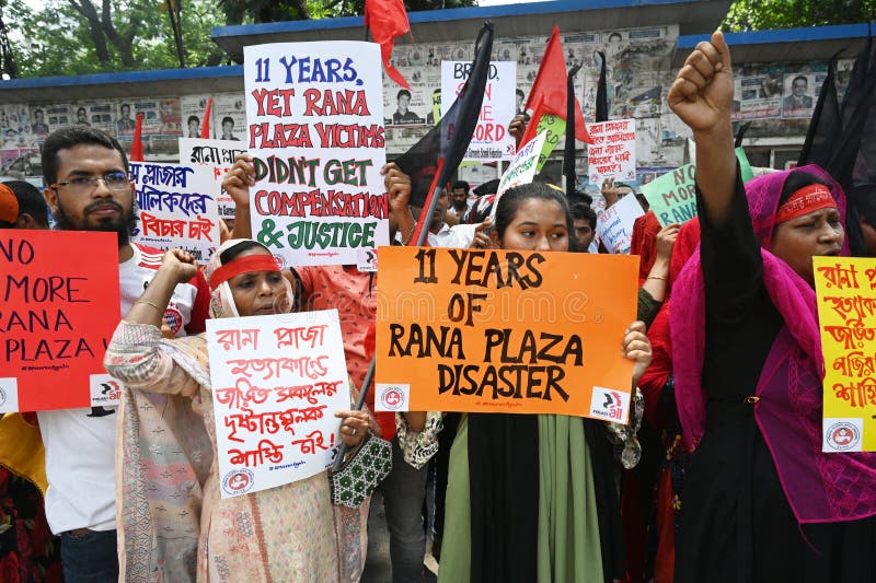 Activists of Industry All Bangladesh Council stage a protest rally to demanding safe workplace for garments workers to mark the 11th anniversary of the of the Rana Plaza building collapse disaster in front of National Press Club in Dhaka, Bangladesh. On April 24, 2024. .Activists of Industry All Bangladesh Council stage a protest rally to demanding safe workplace for garments workers to mark the 11th anniversary of the of the Rana Plaza building collapse disaster in front of National Press Club in Dhaka, Bangladesh. On April 24, 2024