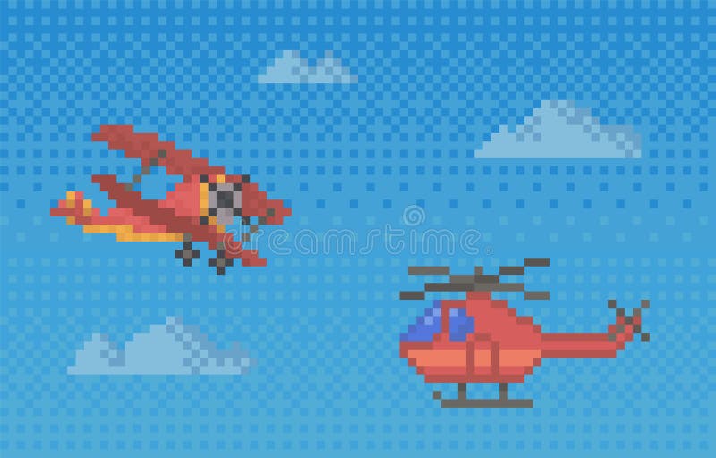 Elicotteri pixel e piano per il vecchio layout di pixel-game. volo aereo in cielo azzurro