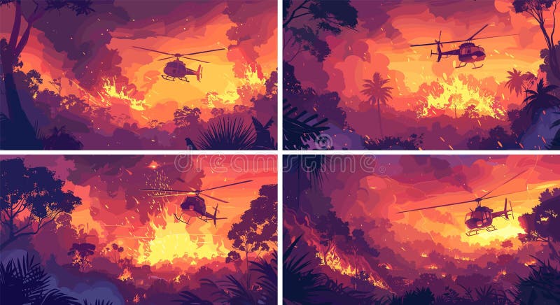 Elicottero per la soppressione delle scene vettoriali di incendi boschivi. Pompieri d'aviazione fumo fumo fumo bruciato royalty illustrazione gratis