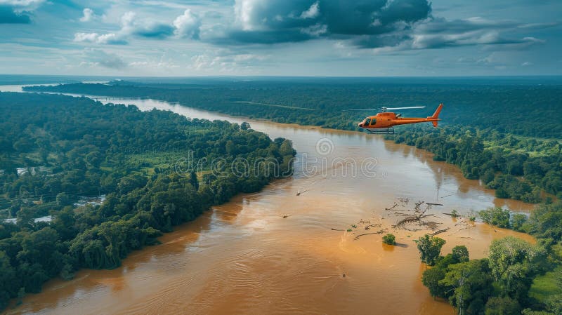Elicottero vola sopra l'area allagata vicino alla foresta fotografia stock libera da diritti