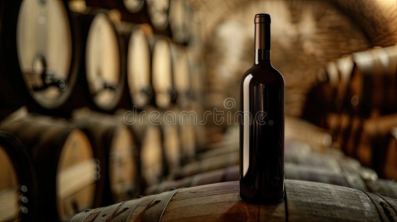Elixir de roble : botella de vino sobre barril. Una botella de vino colocada elegantemente sobre un barril rústico de madera donde los colores y texturas ricos se mezclan armoniosamente. generado por ai