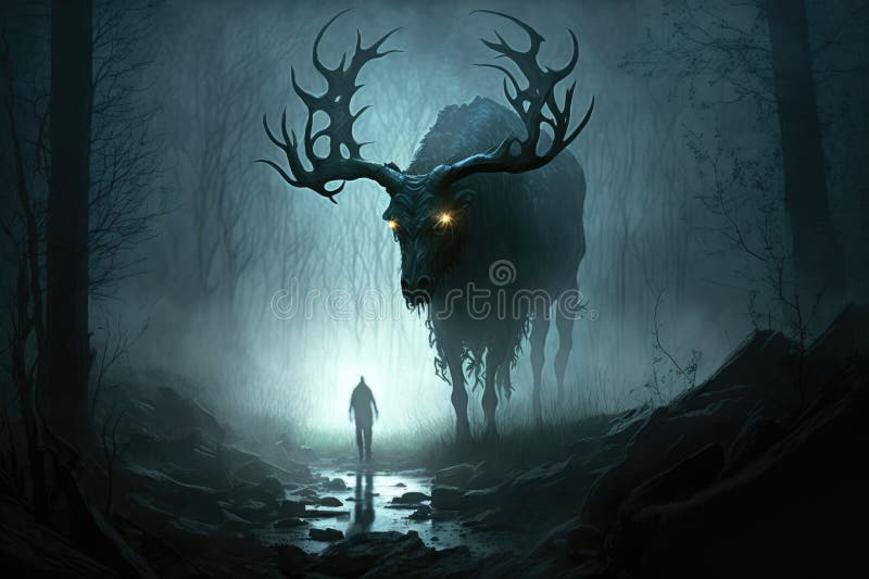 Elk Facing Man in the Forest. Stock Illustration Illustration of