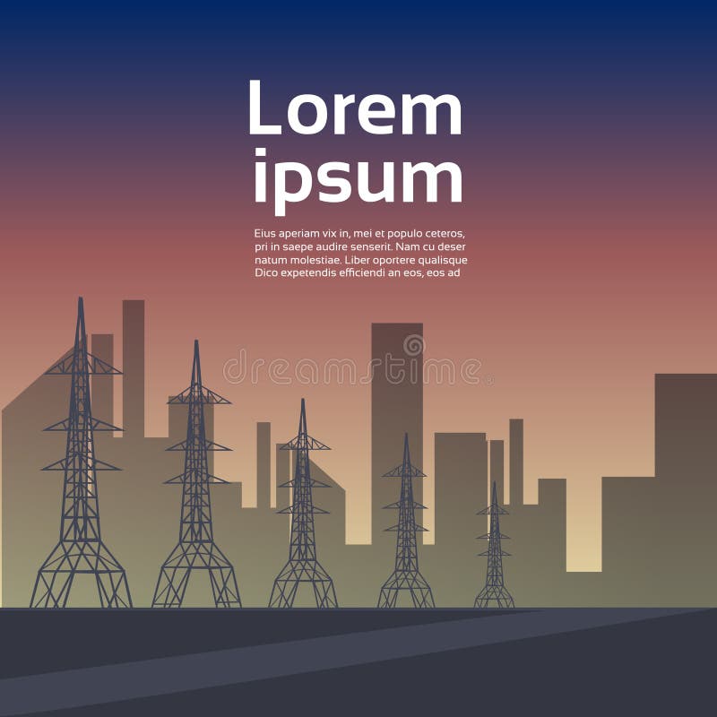 Elkraftöverföring, höga spänningslinjer tillförselelektricitet till staden, lägenhetkopieringscpace stock illustrationer Elkraftöverföring, höga spänningslinjer tillförselelektricitet till staden, lägenhetkopieringscpace stock illustrationer