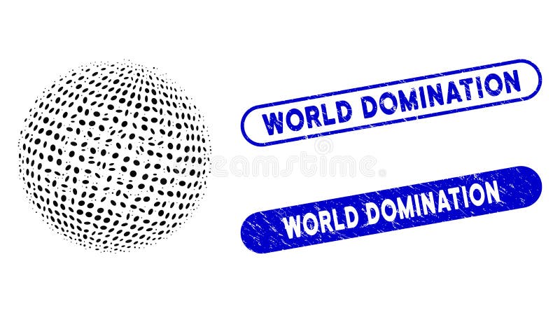 Elliptic Mosaic Abstract Dotted Sphere with Grunge World Domination Stamps vector illustration