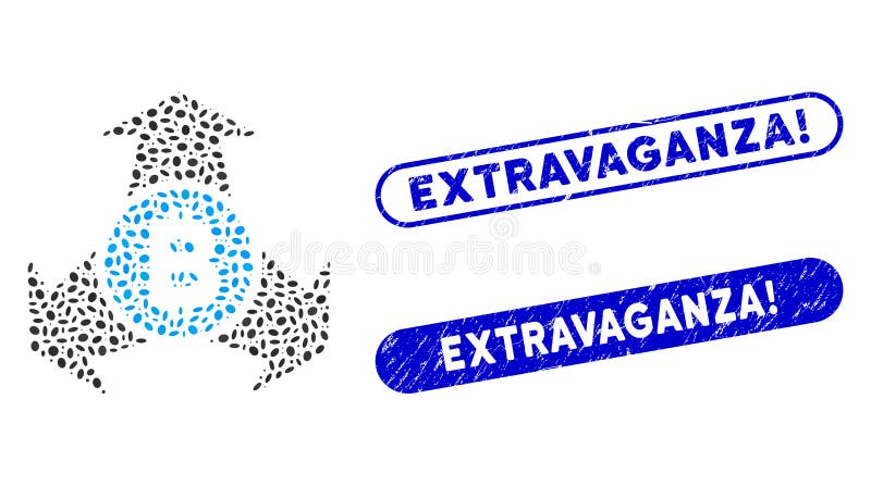 Elliptic Mosaic Bitcoin Spend Arrows with Grunge Extravaganza Exclamation Watermarks vector illustration