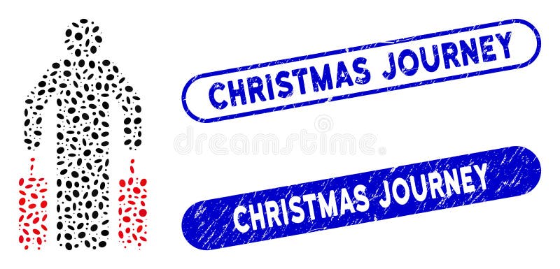 Elliptic Mosaic Passenger Luggage with Textured Christmas Journey Seals vector illustration