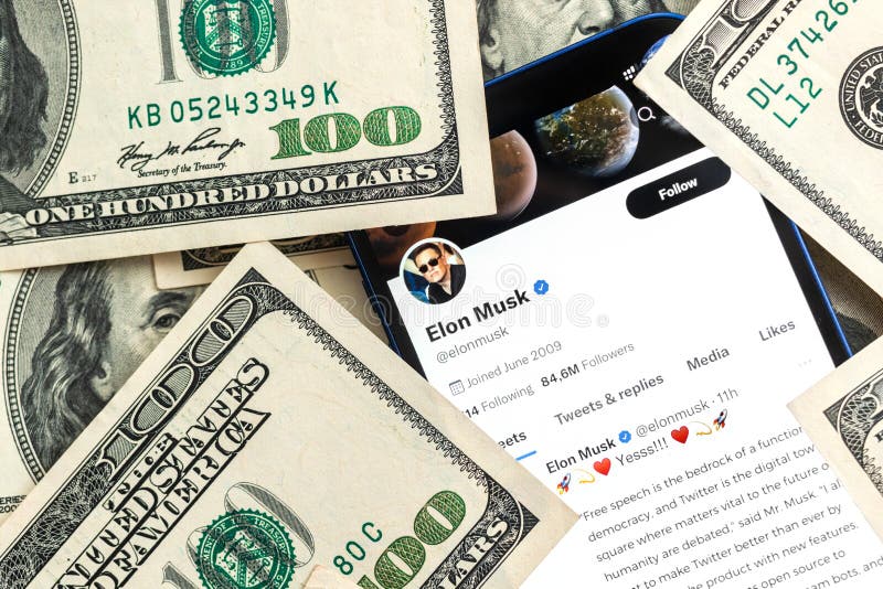 Elon Musk Twitter account and dollar money background. Business and stock concept photo