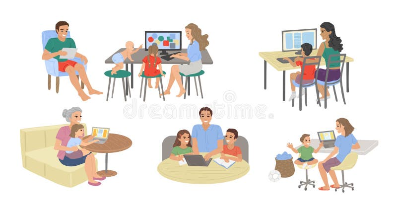 Eltern und Kinder lernen am Computer, Hausaufgaben, Studie online, und Studenten nehmen Prüfungen vom Computer zu Hause stock abbildung Eltern und Kinder lernen am Computer, Hausaufgaben, Studie online, und Studenten nehmen Prüfungen vom Computer zu Hause stock abbildung